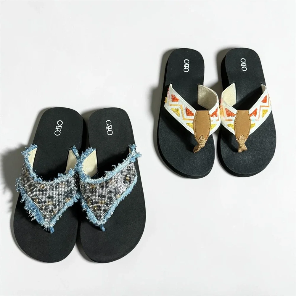 Cato Platform Flip Flops Bundle Leopard Rhinestone Denim & Embroidered Sandals 9